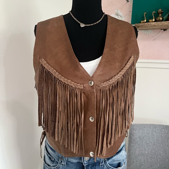 Women's Hudson Leather Genuine Leather M Fringe Vest Brown Braided Western - Picture 1 of 11